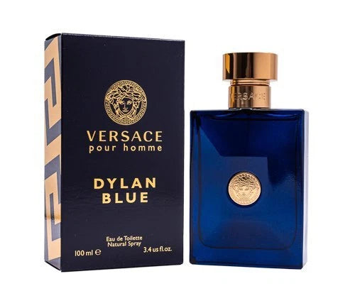 Versace Dylan Blue perfume bottle and packaging on a white background
